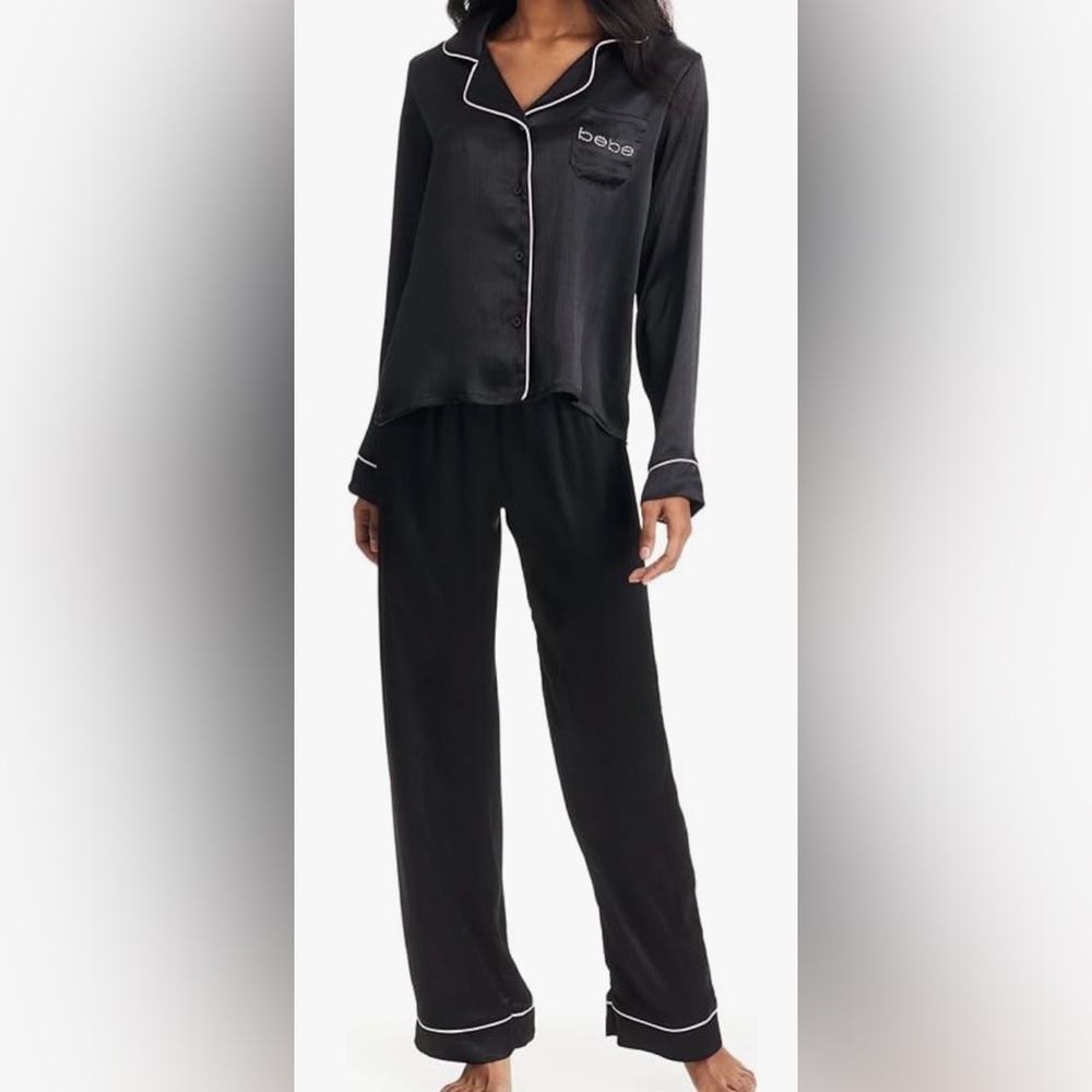 bebe Textured Charmeuse Pajama Set for Women, Long Sleeve Lounge PJ Set Medium - Picture 4 of 4